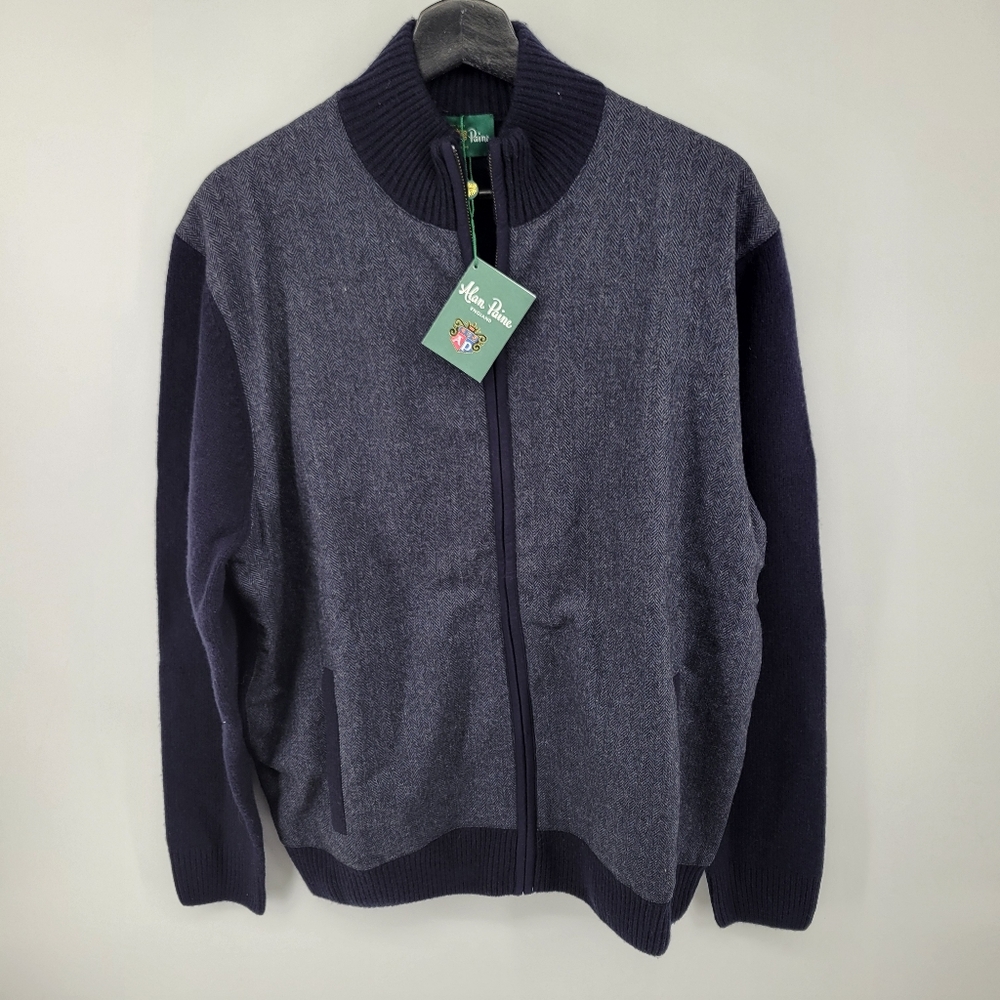 Alan Paine Sweater Men 46 Herringbone Cardigan Wool Tweed Mock Neck Elbow Patch